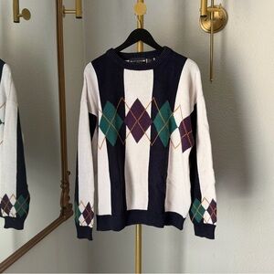 New River J Riggins Vintage Argyle Knit Sweater Cotton Ramie Preppy Academia
